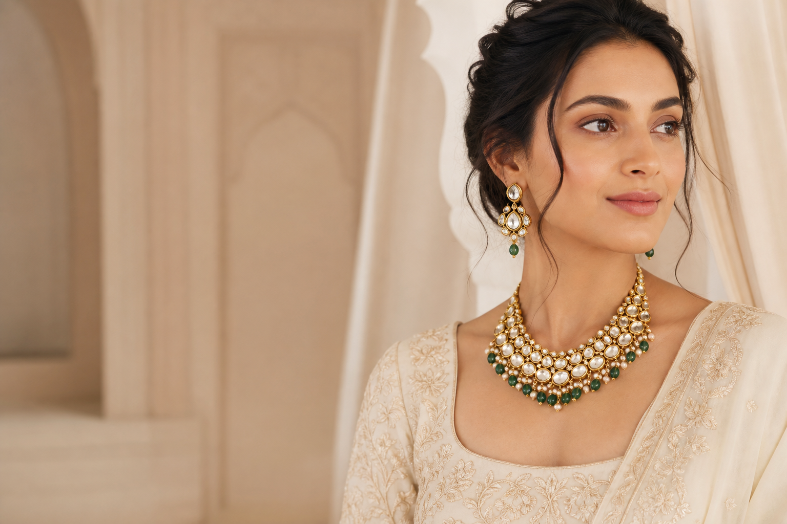 Woman wearing an elegant kundan necklace and matching earrings